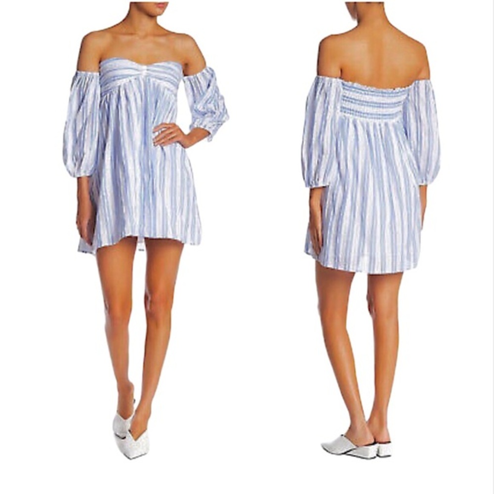 Romeo + Juliet Couture 💯 % Cotton Blue White Striped Off Shoulder Mini Dress M